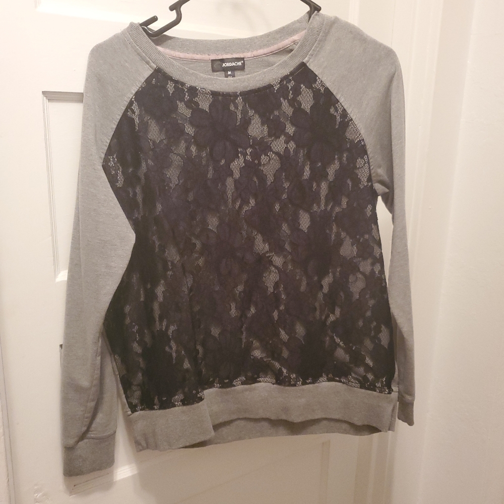 Grey long sleeve top with black lace front